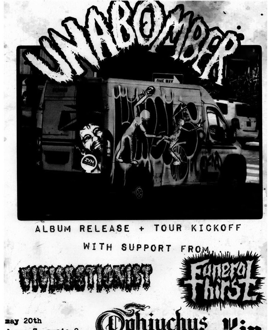 Show poster: Unabomber album release and tour kickoff on May 20, with KIN